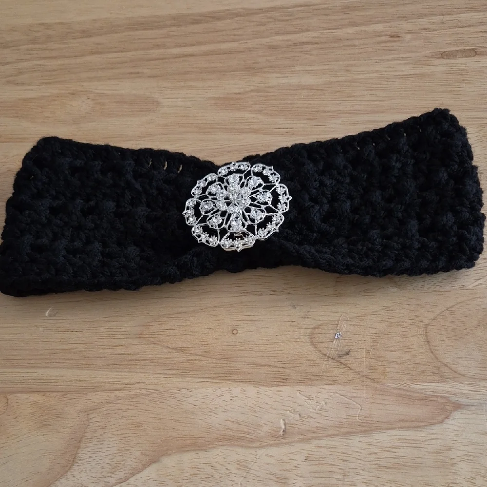 Black Crocheted Headband with Silver Brooch Accent